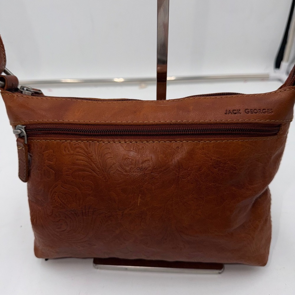 Jack Georges Vintage Cognac Leather Embossed Floral Paisley Crossbody Bag Brown - Picture 2 of 13